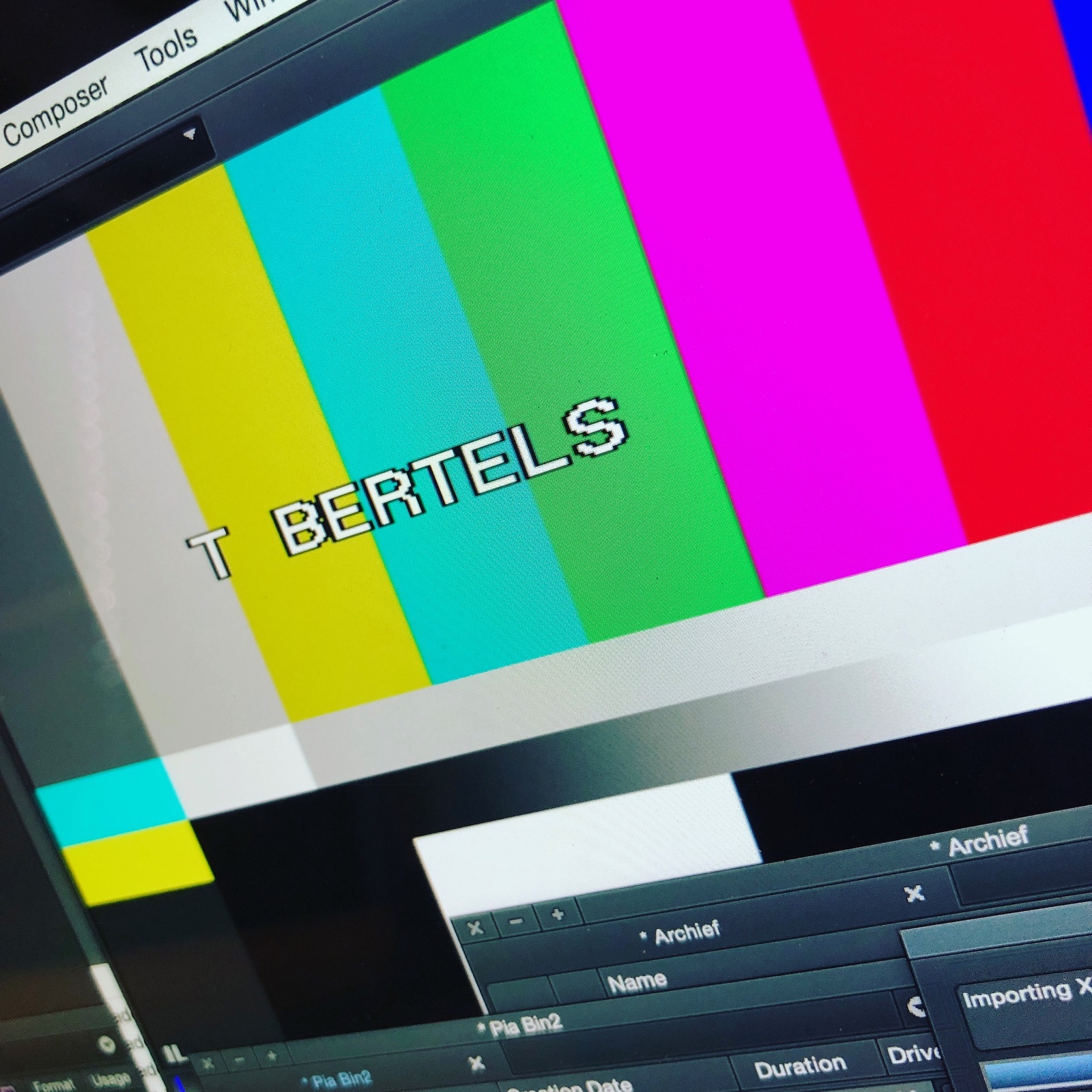 Kleurenbalk met de naam T Bertels in de montagesoftware